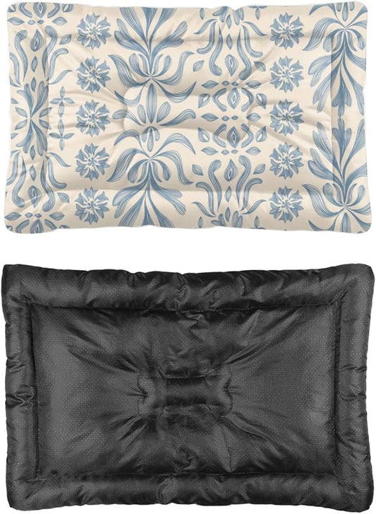 Vintage Blue Floral Dog Beds& Furniture Mat for Dog Crate Pad Small Crate Beds for Small Dogs Washable Non-Slip Bed Bed Puppy Tear-Resistant Mat Washable Pillow Indoor Outdoor 36X24 Inch