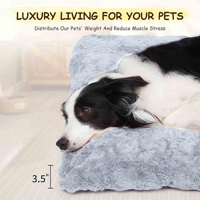 Washable Dog Bed for Small to Large Dogs, Calming Anti Anxiety Medium Dog Bed, Deluxe Plush Faux Fur Crate Beds, Comfy Fluffy Kennel Pad Pet Sleeping Mat with Non-Slip Bottom, 35"x22", Gray