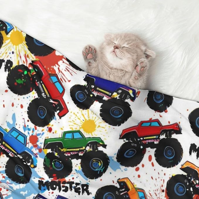 Reversible Plush Dot Pet Blanket for Dogs and Cats, Grunge Monster Truck Car Art, Ultra Soft Two Sided Design with Warm Fuzzy Side and Smooth Side for Comfort