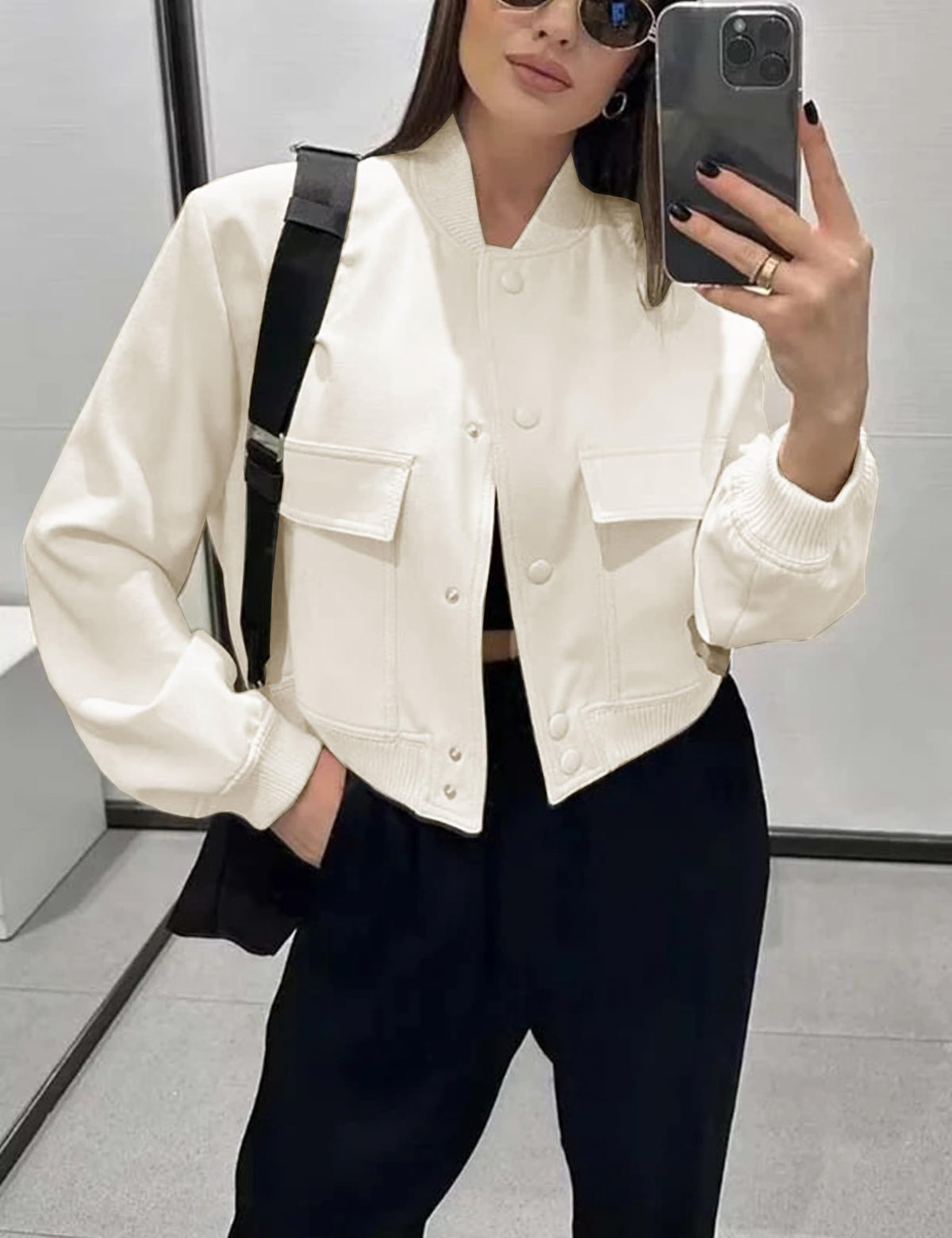 Megfie Womens Cropped Bomber Jacket Button Down Varsity Jackets Shackets with Pockets(0394-Beige-L)