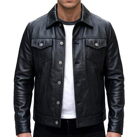UrbanFocal Black Leather Jacket Men - Real Lambskin Trucker Men's Leather Jackets | [101002305] F.Trucker Black, XL