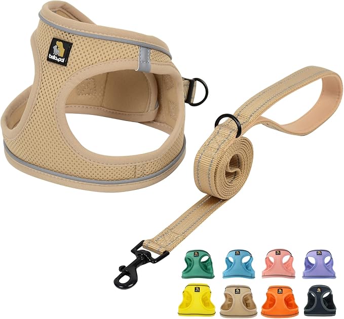 BELLA & PAL Step in Vest Harness for Small and Medium Dogs, No Pull Small Dog Harness with Leash Set, Comfortable Air Mesh Dog Vest Harness with Reflective Strip (Khaki, M)