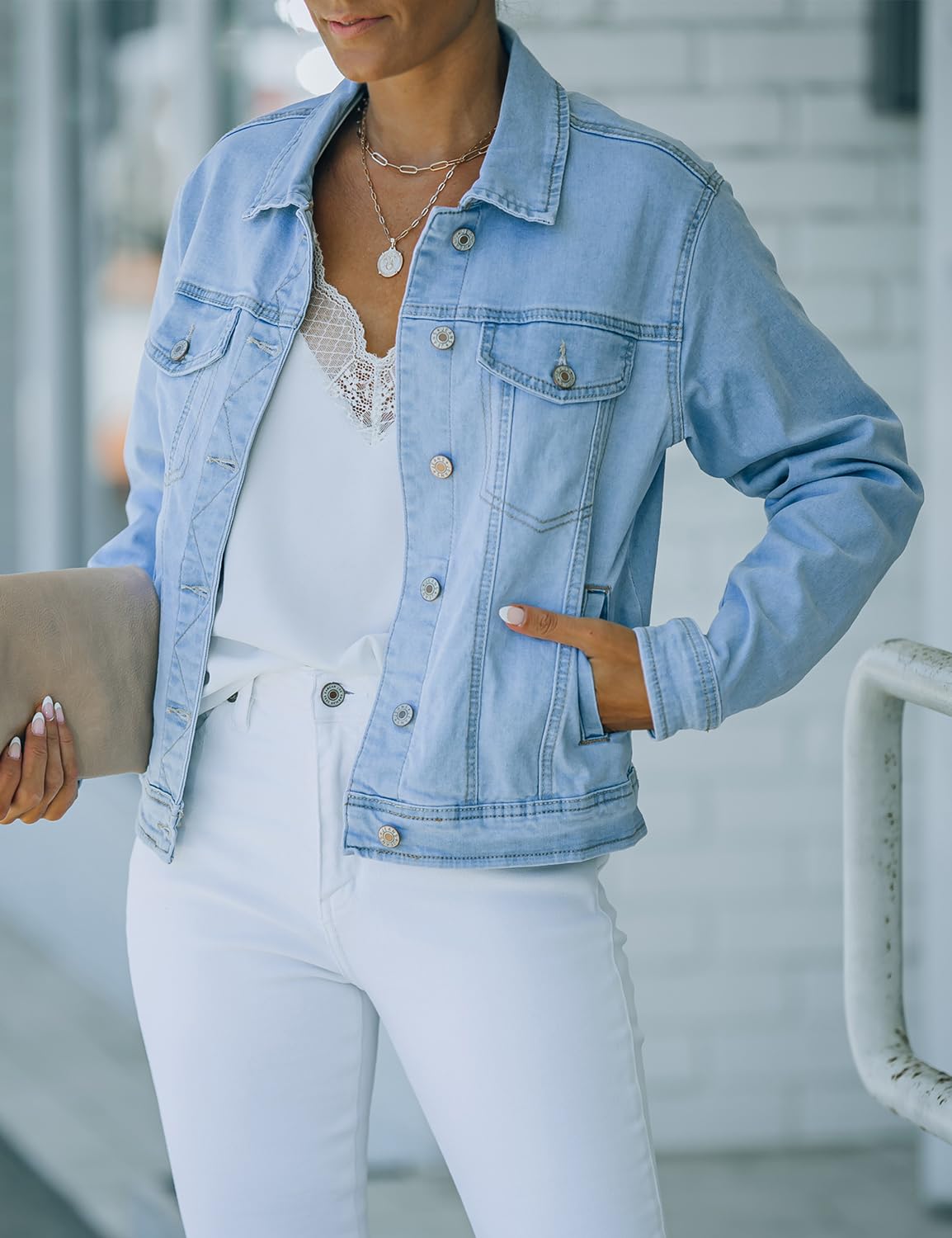 luvamia Women's Casual Basic Button Down Stretch Regular Fit Long Sleeves Denim Jean Jacket Azure Mood Size X-Large