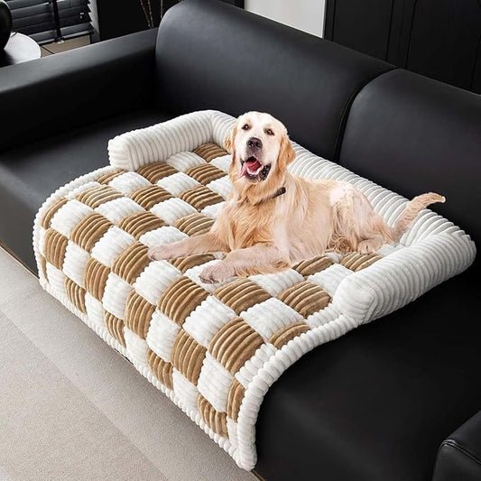 Dog Couch Cover Protector, Pet Couch Covers for Sofa, Dog Couch Cover Fuzzy Sofa Cover Cream Square Plaid Dog Bed Plush Dog Mat for Furniture Protector for Large Medium Dogs and Cats