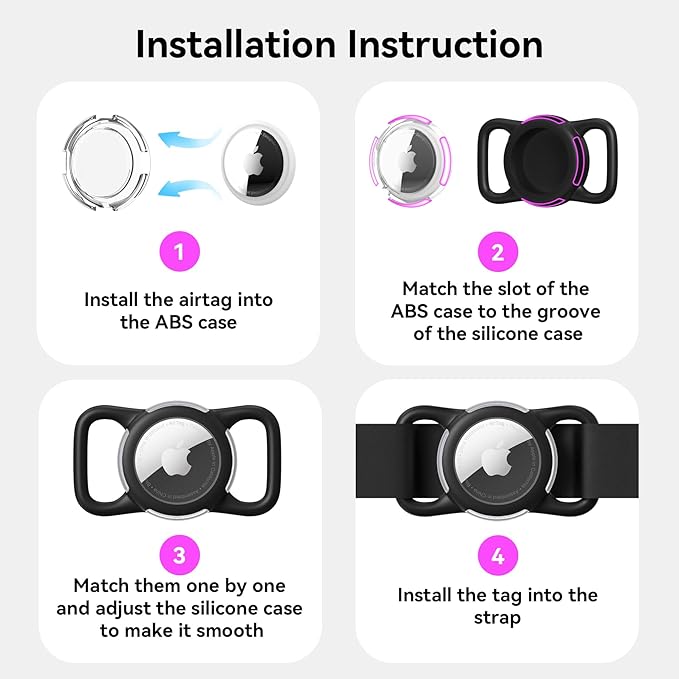 Waterproof Airtag Holder for Dog Collar, Soft Full-Body Protective Airtag Holder for Dog & Cat Collars, Ultra-Durable, Easy Installation, Lightweight Clear Airtag Case (Black, Regular)