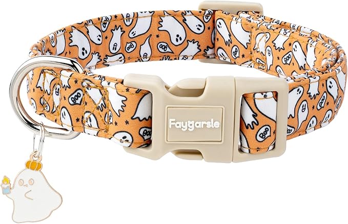 Faygarsle Halloween Ghost Pattern Dog Collar with Charm, Orange and White,for Small Medium Large Dogs S