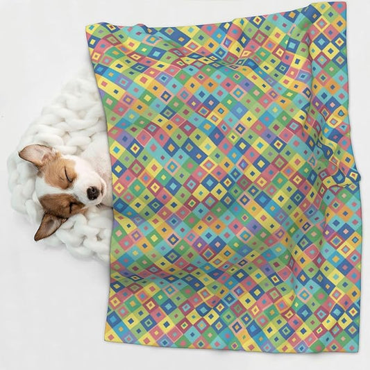 Reversible Plush Dot Pet Blanket for Dogs and Cats, Rainbow Diagonal Plaid, Ultra Soft Two Sided Design with Warm Fuzzy Side and Smooth Side for Comfort