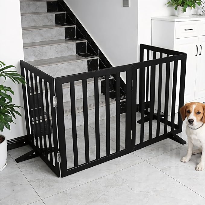 Dog Gate Indoor, Freestanding Dog Fence for The House, Doorways, Hallways,or Stairs,Pet Gate Foldable Wooden,Expandable 32" Height 4 Panels,Black