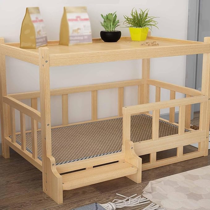 XPLKQXE Dog Bed Wood Platform, Elevated Pet Cushion Bed, Animal Couch with Mattress, Dog Beds & Furniture Rest Cot, Portable Fence Bed Pet Up to 45kg/100lbs(Color:Pink,Size:120x60x70cm)