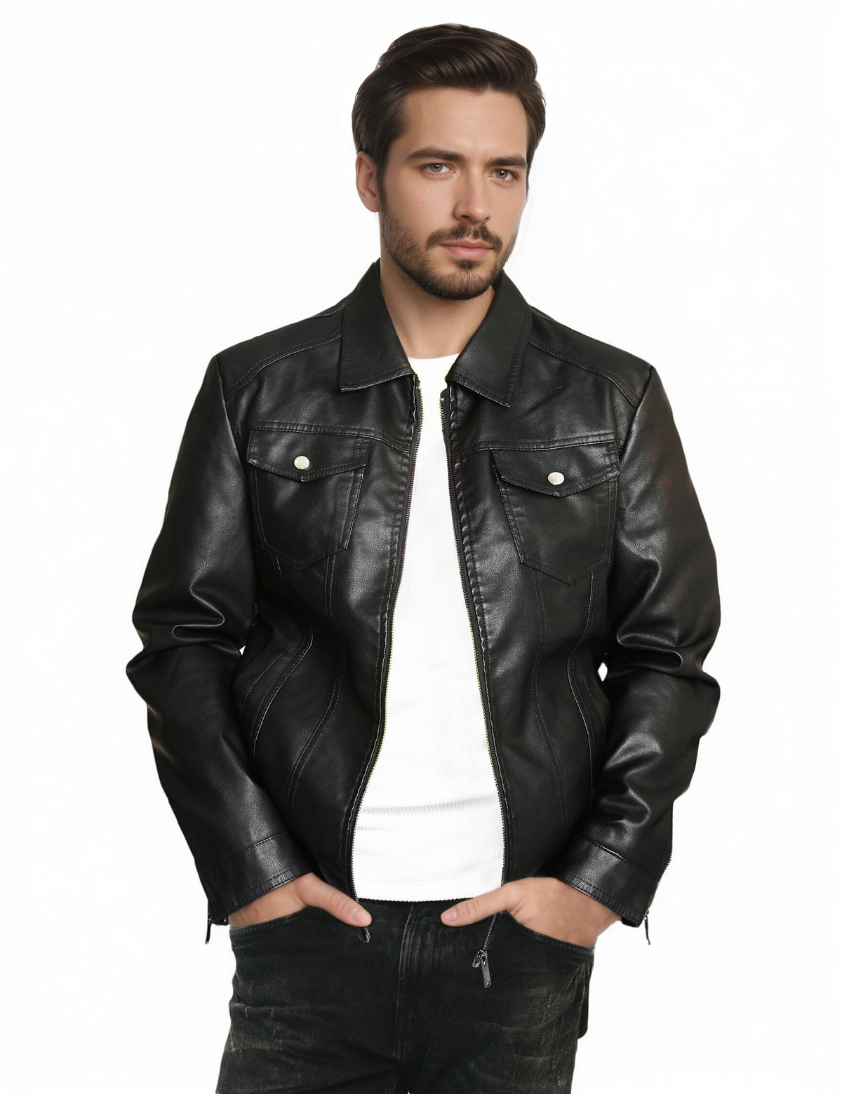 ZFBAOJT Mens Leather Jacket Motorcycle Black Biker Jackets Vintage Faux Leather Outwear Casual L
