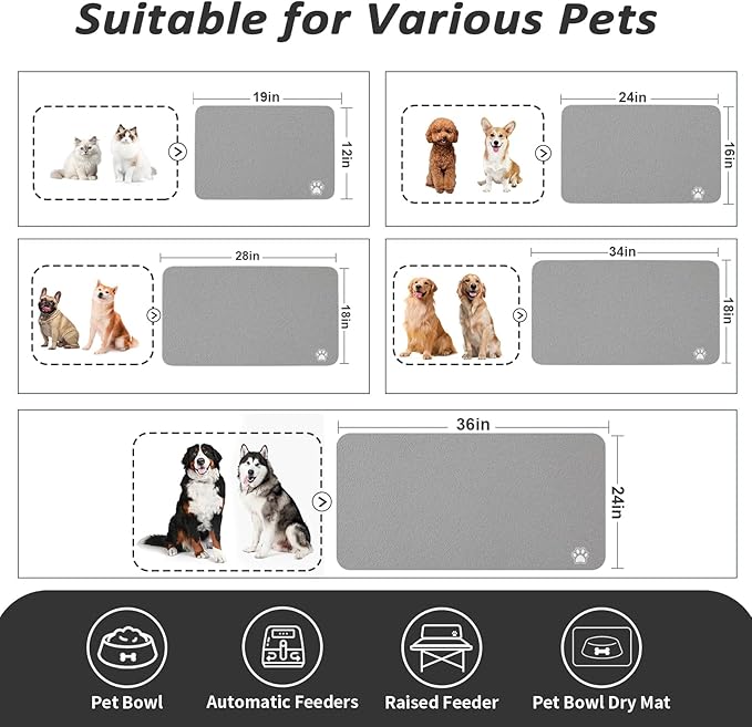 Dog Food Mat - Absorbent Cat Mat for Food and Water, No Stains Pet Feeding Bowl Mat, Easy to Clean Pet Placemats, Quick Dry Dog Water Dispenser Mat for Messy Drinkers | Paw Grey 16"x 24"