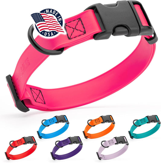 Dogline Biothane Waterproof Dog Collar with Quick Release Buckle Strong Coated Nylon Webbing with Odor- Proof for Easy Care Easy to Clean Fits Small Medium or Large Dogs, Pink 3/4" W 12-19" L