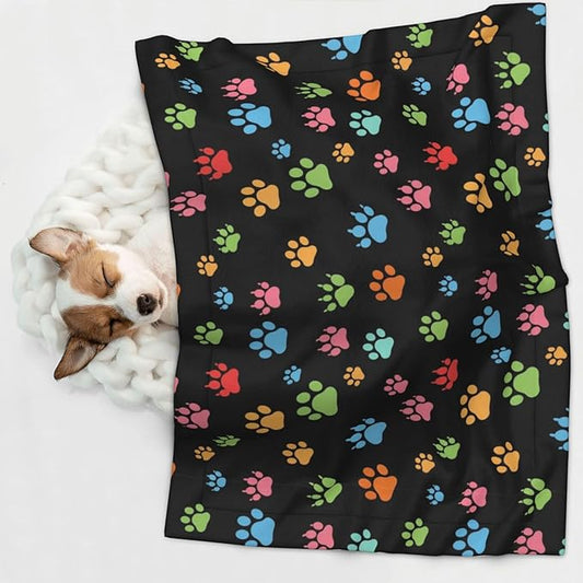 Reversible Plush Throw for Dogs and Cats, Pink Red Blue Green Dog Pug Paws, Double Sided Blanket with Nubby Dot Side and Sleek Side Ideal for Cuddling Nesting Security