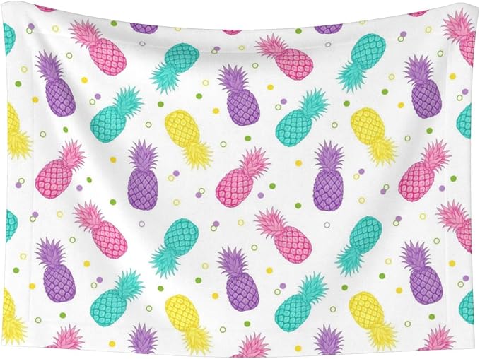 Two Sided Plush Pet Blanket for Crates Carriers Home Use, Colorful Tropical Summer Pineapple Print, Reversible Throw with Cozy Dot Fabric and Silky Reverse for Small Large Pets
