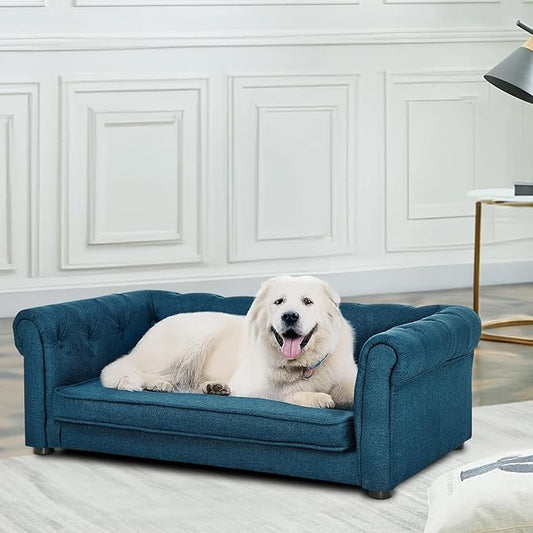 Elevated Rectangle Dog Sofa for Small & Medium Dogs - Comfortable Linen Fabric Dog Bed with Button Tufted Back, Durable Modern and Stylish Pet Bed for Living Room, Bedroom (Blue)