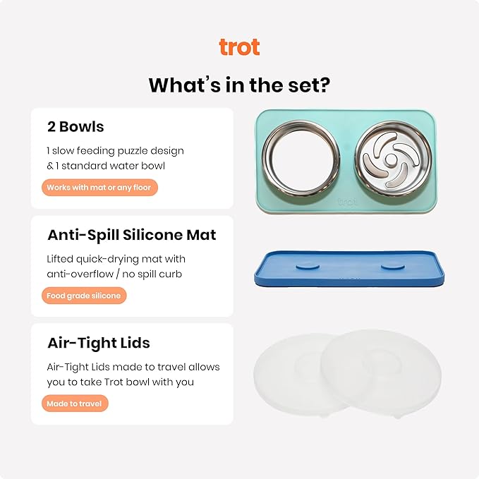 Trot Pets Premium Dog Bowls | Stainless Steel Bowl Set for Small, Medium, or Large Dogs | Non-Slip Food and & Water Slow Feeder | Durable, BPA-Free, Anti-Skid, Dishwasher Safe (Sky, Small)
