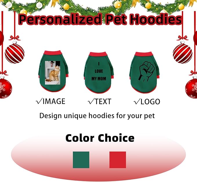 Custom Dog Hoodie, Personalized Sweatshirt with Photo Text Name Logo, Customized Hooded Sweater for Small Medium Large Dogs & Cats (Green + Red Sleeves, X-Large)