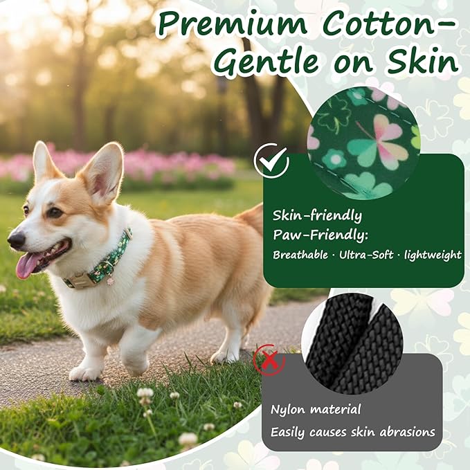 St. Patrick's Day Dog Collar,Green Clover Lucky Shamrock Puppy Collar,Adjustable Spring Cotton Collars Gifts for Small Medium Large Dogs,Dog Accessories XS
