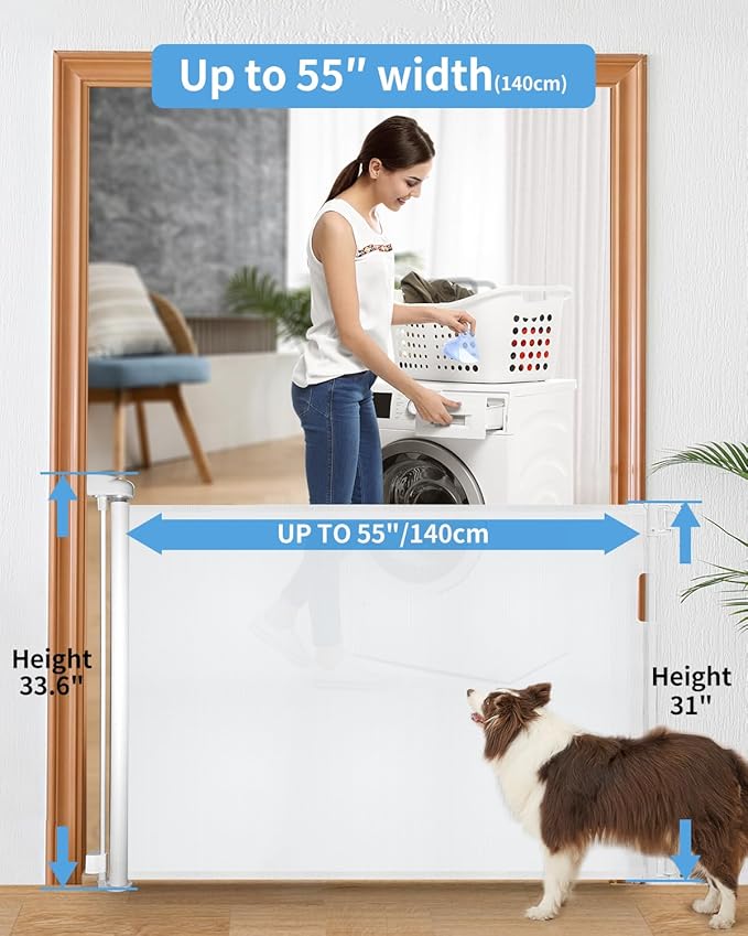 Retractable Baby Gate for Doorways and Stairs, Mesh Safety Gate for Pet, Indoor & Outdoor Use, One-Hand Operation, Easy Installation, 33.6" Tall, Expands to 55" Wide（White,33.6"x55"