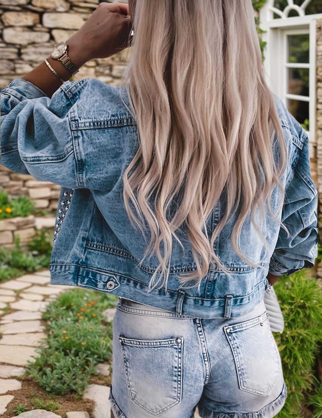 Kwoki Women's Studded Denim Jacket Casual Long Sleeve Western Distressed Rivet Cropped Jean Coat KF1387 Light Blue S