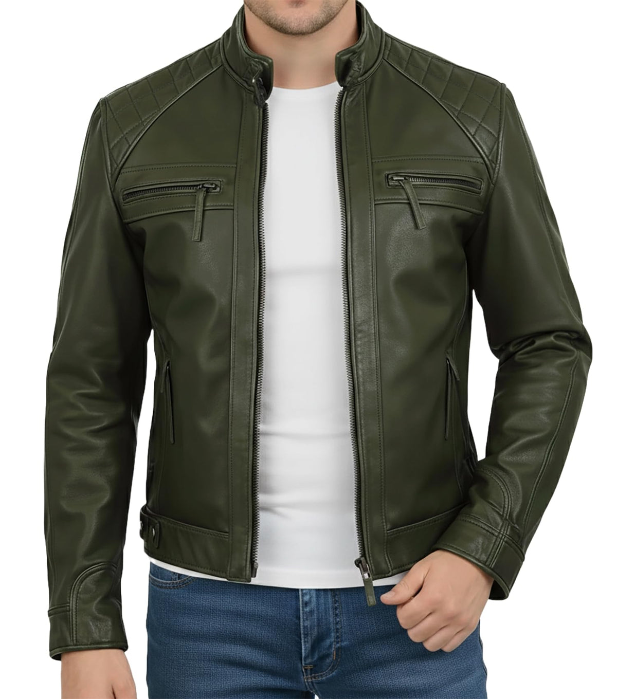 STOREJEES Mens Green Leather Jacket | Diamond Green - XL
