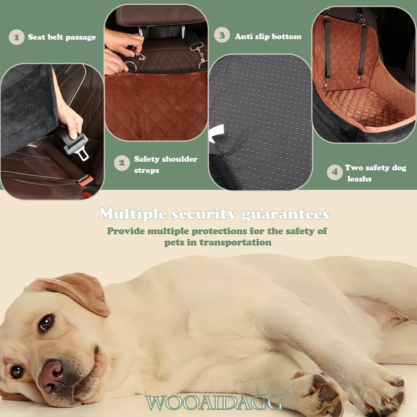 Dog Car Seat for Medium Sized Dog,Pet Travel Car Bed with Seat Belt Channle,Fully Detachable and Washable Car Dog Seat with Adjustable Straps,3 Straps Easy to Install (Black/Brown)