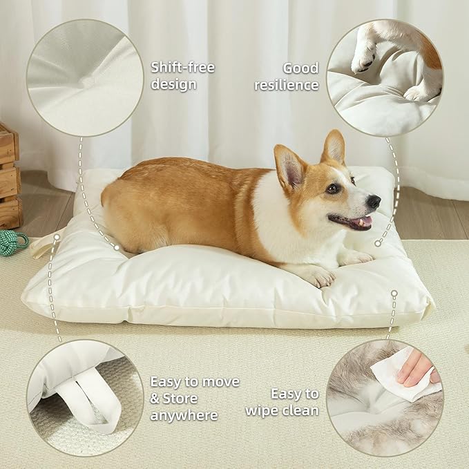 Chew Resistant Dog Bed for Large Dogs - Durable 41"x27" Kennel Pad with Soft Plush Filling, Machine Washable Crate Mat for Aggressive Chewers, Indoor Outdoor Pet Bed, Beige