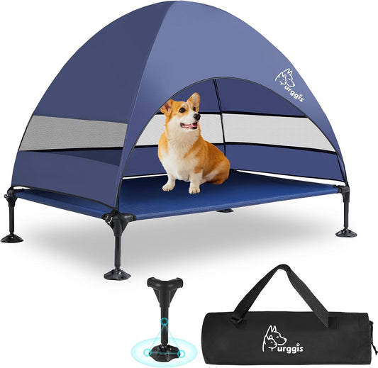 Upgraded Elevated Dog Bed with Canopy, Portable Raised Outdoor Dog Bed with Stable Anti-Slip Feet, Wider Shade Pet Bed Cot, Raised Dog Beds for Large Dogs Camping, Indoor & Outdoor Use