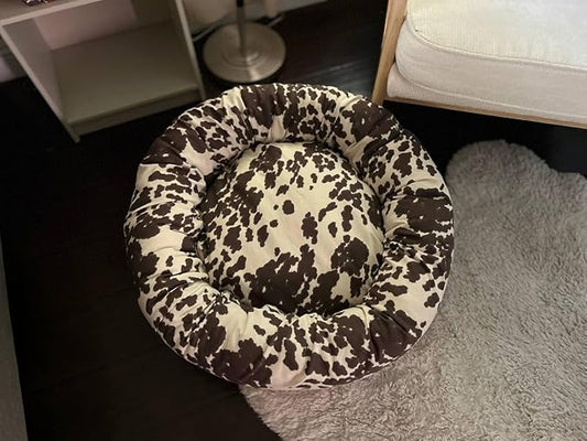 Organic Cotton Canvas Dog Bed: Removable Cover, Natural Fill - Made in USA (Cow Print Brown White, Small 24" x 7" inches)