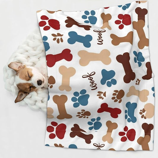 Pet Blanket for Travel and Home, Dog Bones Paw Prints Cream, Reversible Plush Dot Design with Soft Grip Texture on One Side Perfect for Car Seats Moving Vehicles