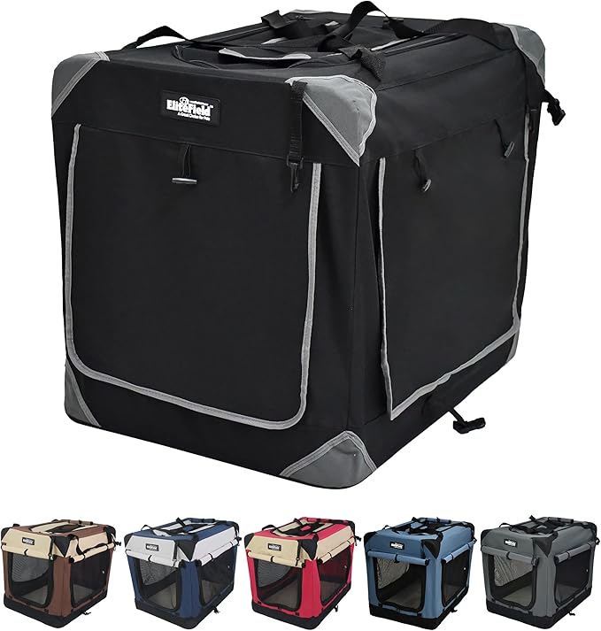 EliteField 4-Door Folding Soft Dog Crate with Curtains, Carrying Bag and Fleece Bed (2 Year Warranty), Indoor & Outdoor Pet Home (30" L x 21" W x 24" H, Black+4 Door Curtains)