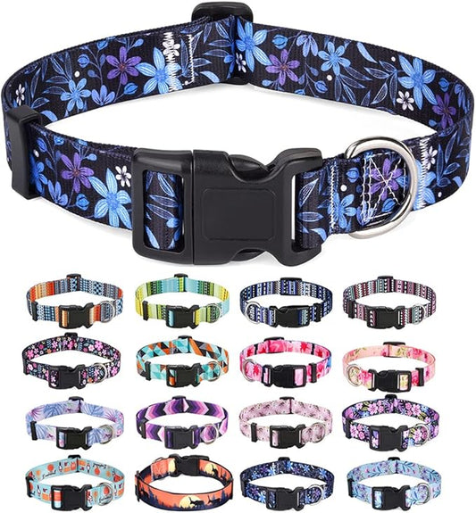 Dog Collar with Bohemia Floral Tribal Geometric Patterns - Soft Ethnic Style Collar Adjustable for Small Medium Large Dogs(Floral Blue,XS)