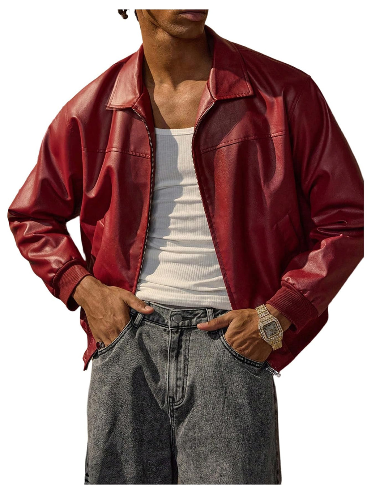 Verdusa Men's Leather Jacket Zip Up Collared Bomber Jackets with Pockets Red X-Large