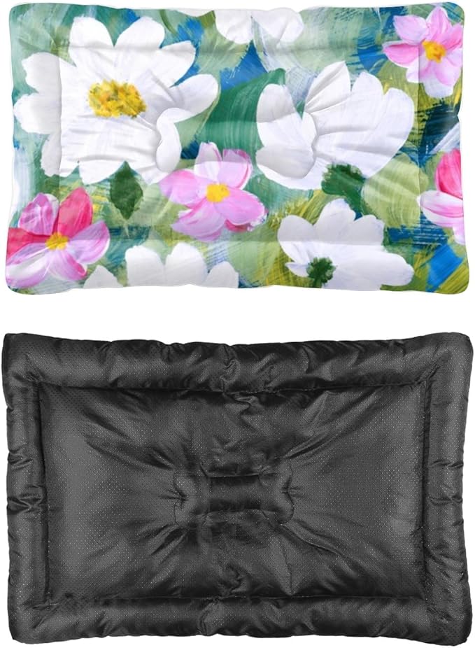 White Pink Floral Dog Beds& Furniture Washable Crate Mat Dog Crate Padding Medium Bed Washable Non-Slip Small Pad House Bed Mat Small Pillow for Indoor Outdoor 24X18 Inch