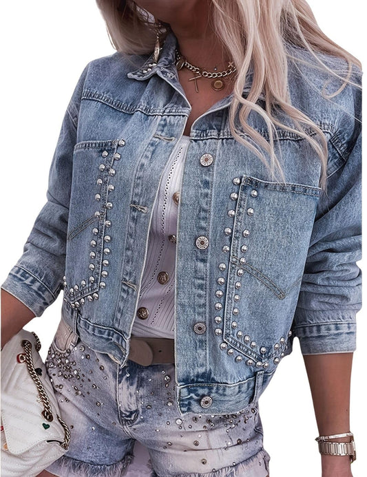 Kwoki Women's Studded Denim Jacket Casual Long Sleeve Western Distressed Rivet Cropped Jean Coat KF1387 Light Blue S