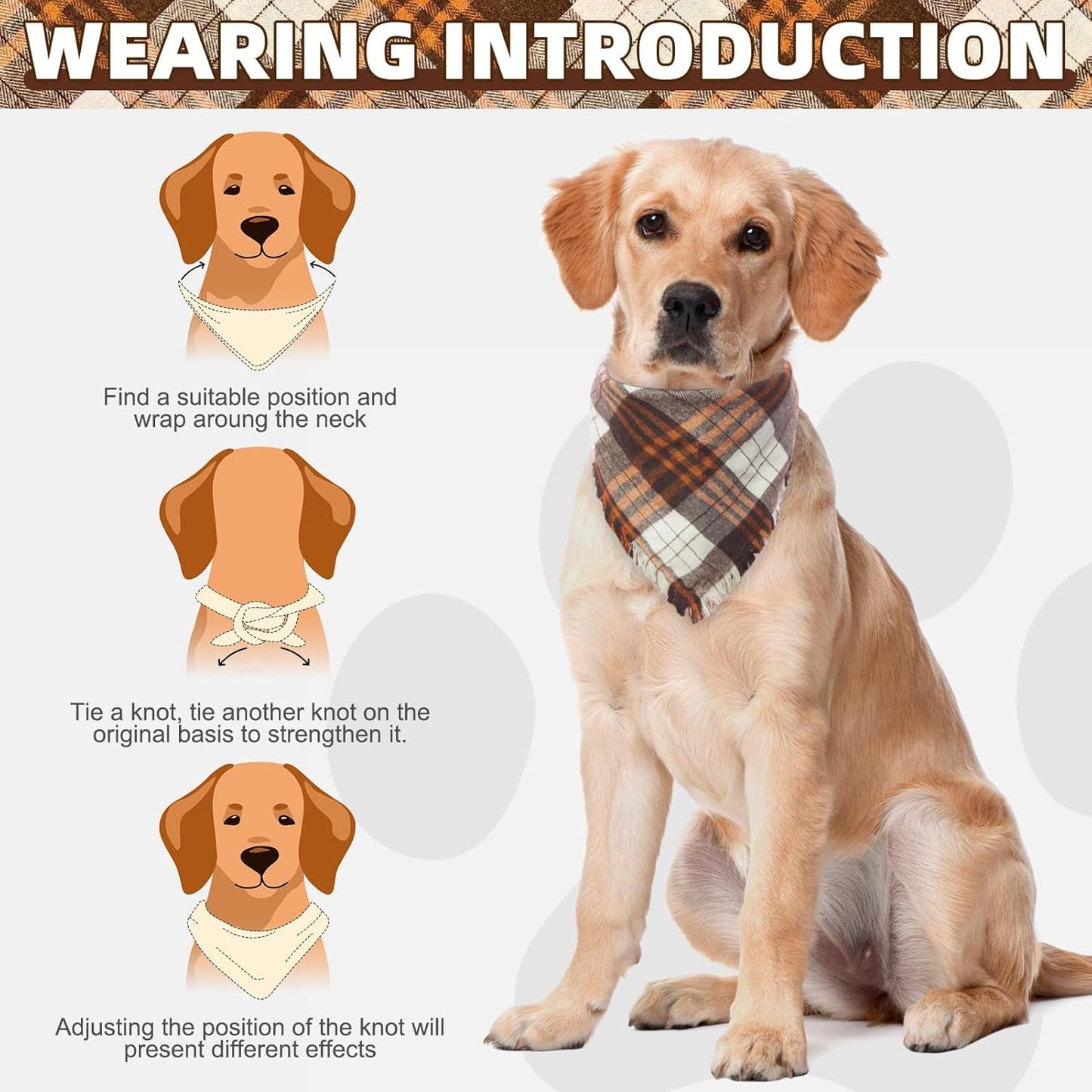 KOOLTAIL Thanksgiving Fall Dog Bandanas 4 Pack - Soft Breathable Washable Plaid Pet Scarf Bibs Kerchief, Dog Autumn Costume, Holiday Triangle Towel for Girl Boy Small Medium Large Dogs Cats, Orange XL