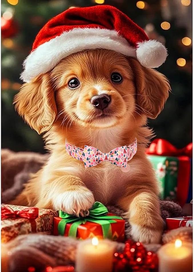 Christmas Dog Collar with Bow Tie, Pink Christmas Tree Collars for Dogs, Adjustable Pet Collar with Cute Xmas Tree Pendant, Winter Dog Accessories for Small Medium Large Dogs XS