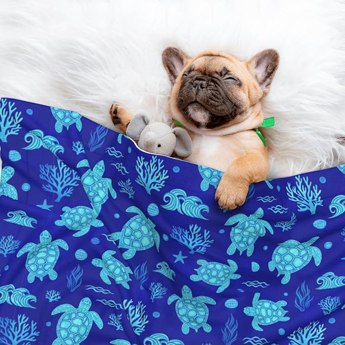 Double Sided Pet Mat for Dog Bed Topper Cat Blanket Furniture Protector, Watercolor Blue Sea Turtle, Reversible Plush with Tactile Dot Pattern for Style Change