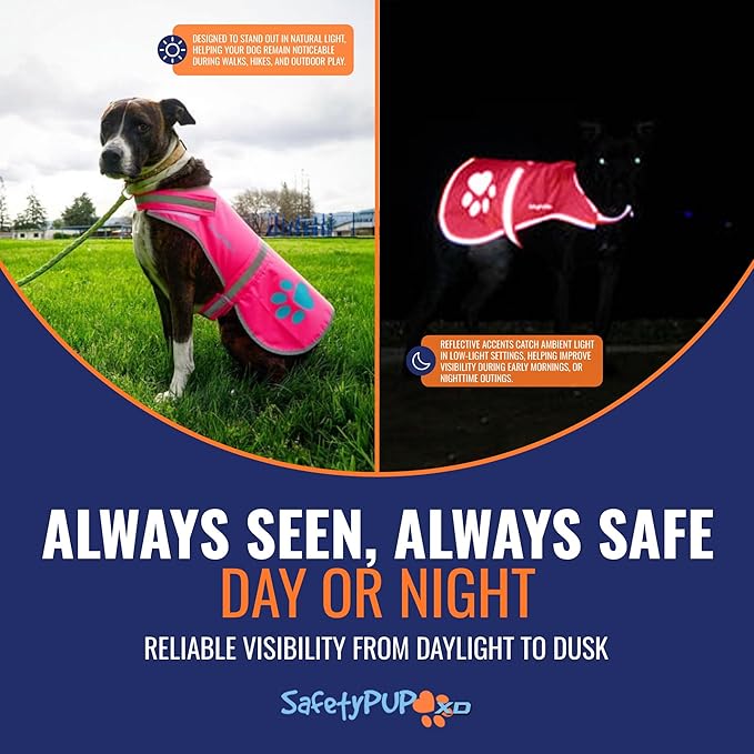 Dog Reflective Vest – Hi-Vis Fluorescent Visibility That Helps to Safeguard Your Pet On/Off Leash in Urban & Rural Areas (Pink, Medium)