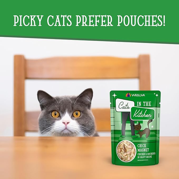 Weruva Cats in The Kitchen, Chick Magnet with Chicken & Mackerel in Gravy Cat Food, 3oz Pouch (Pack of 12)