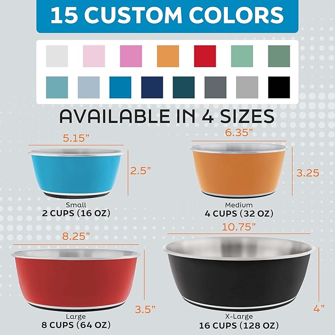Master Pet Supply Stainless Steel Dog Bowls Set of 2 (64 Oz Each) with Non-Slip Rubber Base - Graphite - Basic Dog Food Bowl Water & Food Bowls for Small Medium Large Dogs & Cats, Metal Dish