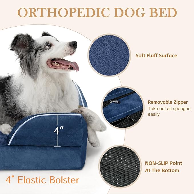 Comfort Expression Orthopedic Dog Bed for Large Dogs 38x25 Inch, Waterproof Supportive Egg Crate Foam Large Pet Bed with Removable Bolsters, Dog Couch with Washable Cover & Non-Slip Bottom, Navy Blue