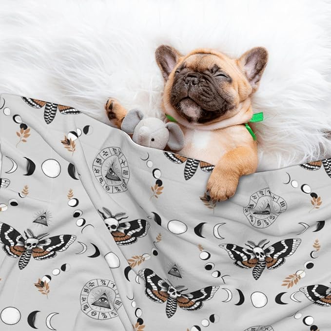 Dog and Cat Blanket in One, Butterfly Dead Head Sun Moon, Double Sided Plush Throw with Raised Dot Pattern on One Side and Flat Velvet on Other for Variety