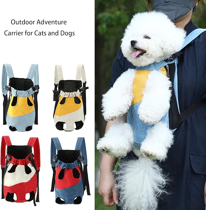 Lightweight Pet Backpack Carrier for Small Dogs & Cats - Easy-Fit Adjustable Straps, Basic Legs-Out Design, Durable for Daily Use (Fits Pets Under 15lb) (Red-Blue Color-Blocked, Medium)