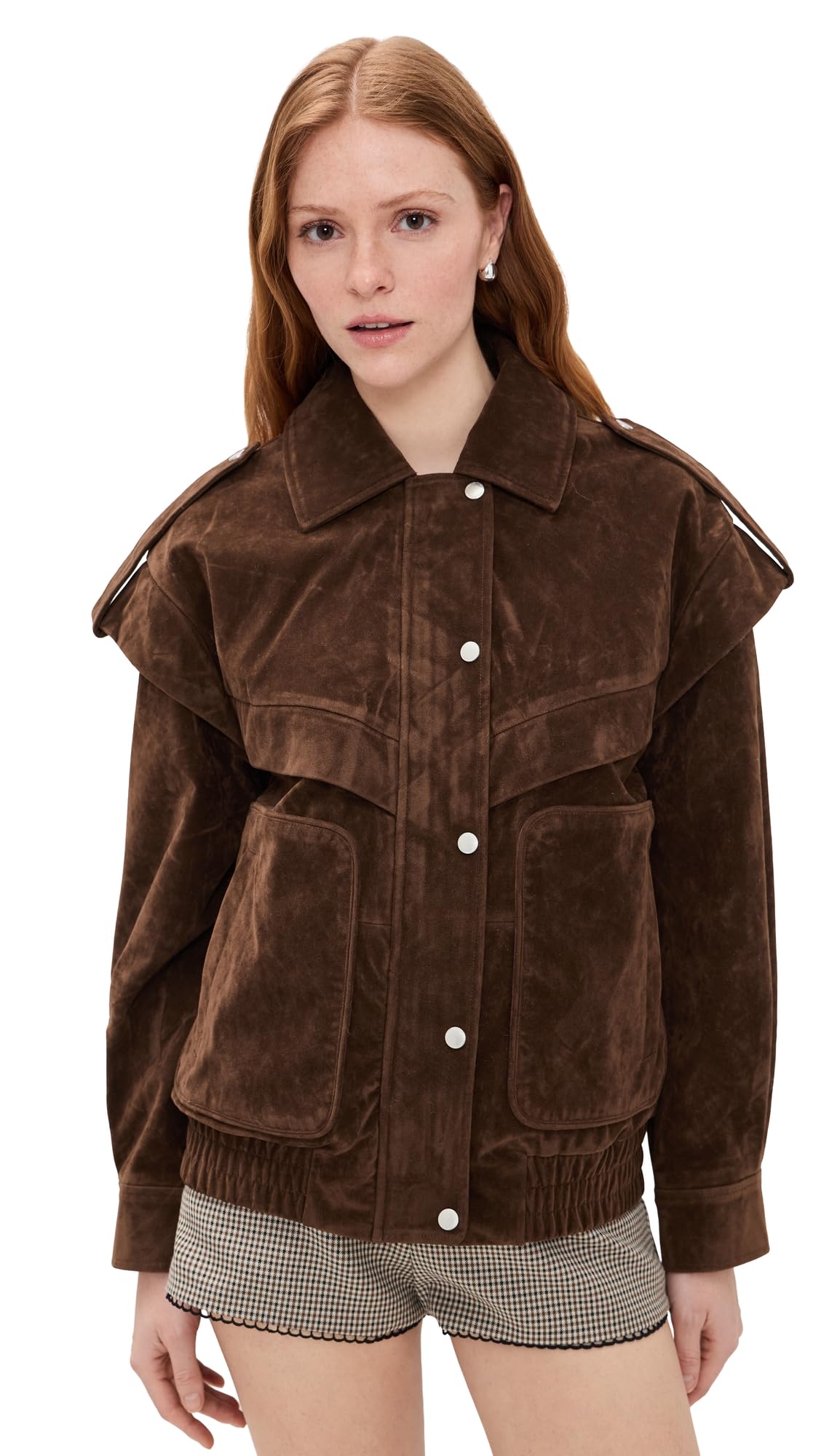 Avec Les Filles Womens, Collared Bomber with Patch Pockets, Brunette, X-Large