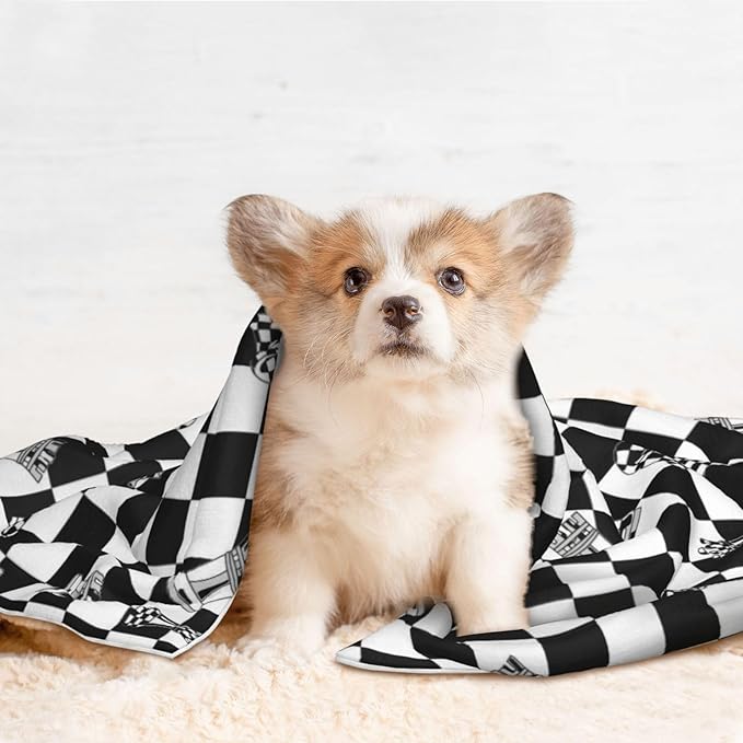 Reversible Plush Throw for Dogs and Cats, Checkered Race Waving Flag, Double Sided Blanket with Nubby Dot Side and Sleek Side Ideal for Cuddling Nesting Security