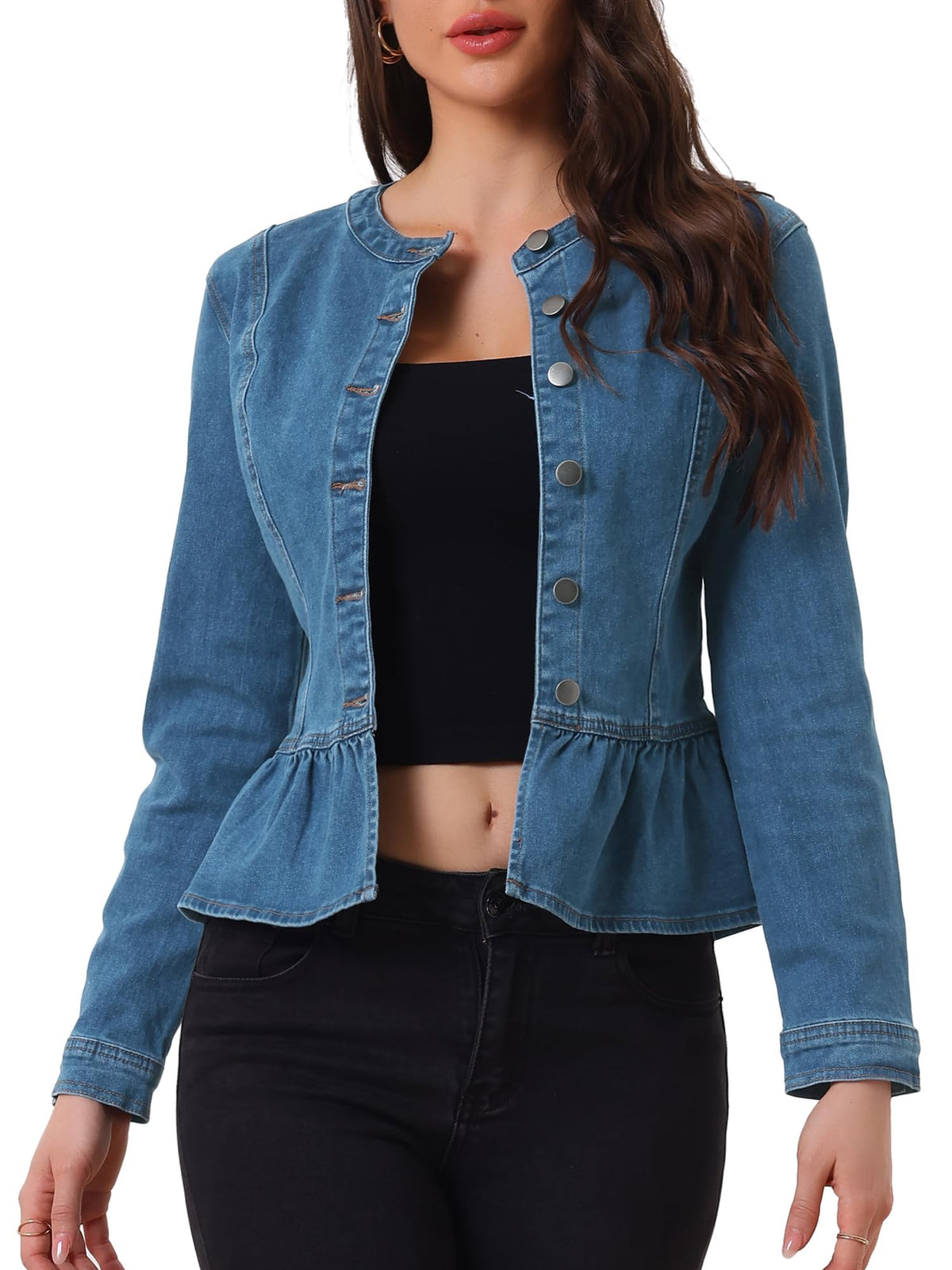 Allegra K Women's Peplum Denim Jacket Collarless Ruffle Hem Jacket
