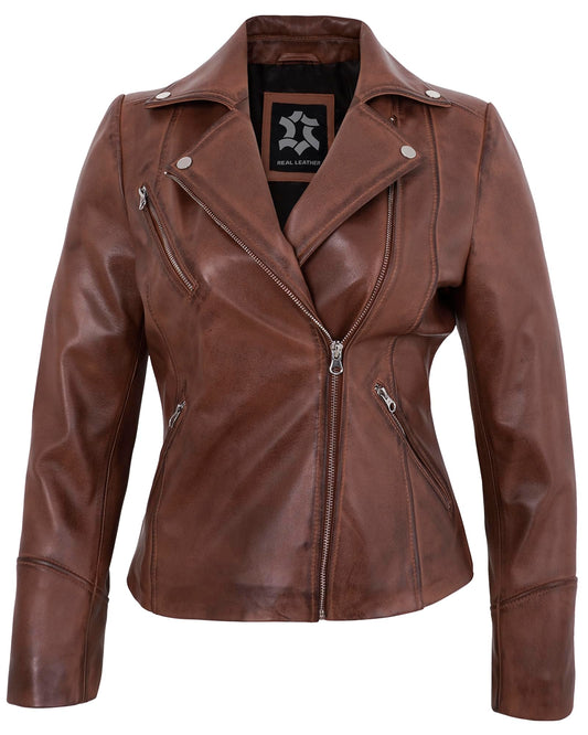 UrbanFocal Asymmetrical Style Brown Leather Jackets For Womens - Real Lambskin Leather Biker Jacket Women | [101013306] Cognac Ninfa, 2XL