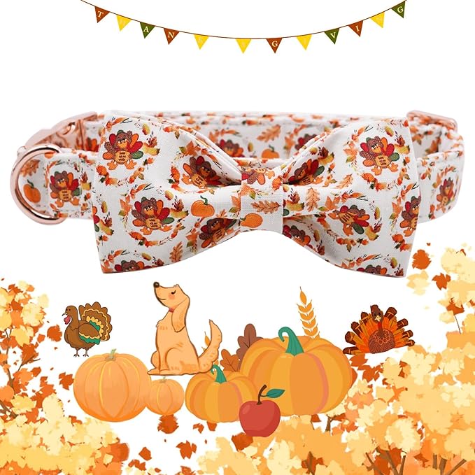 Dog Collar - Thanksgiving Turkey Pet Collar Bowtie Gift Cotton Cute Bow Collar Adjustable Metal Buckle Soft Puppy Collars for Large Dogs