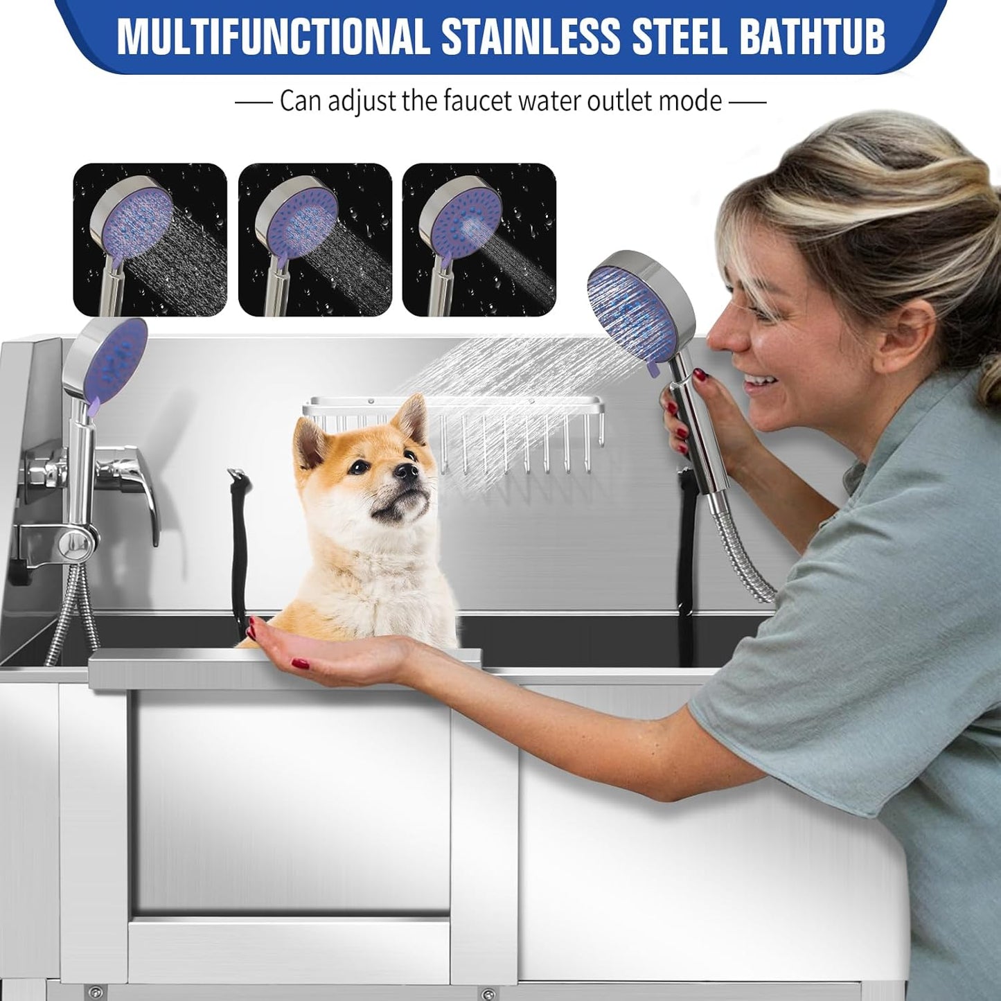 Stainless Steel Dog Washing Station for Large Dogs, Dog Grooming Tub for Home, Professional Dog Bathtub Bathing Station, Pet Wash Station, Dog Shower Tub with Stairs, Drain & Door,34" L-RAMP